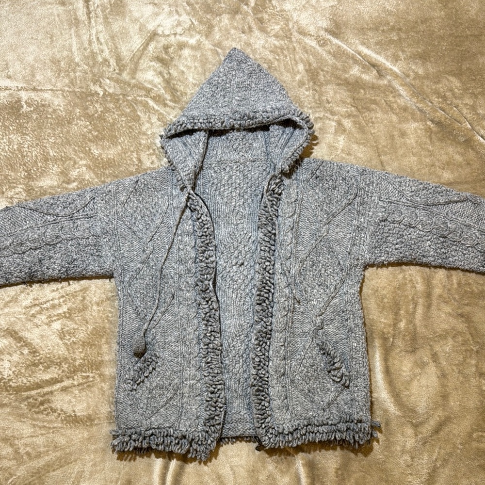 Textured Hooded Knit Zip Up Grey Cardigan